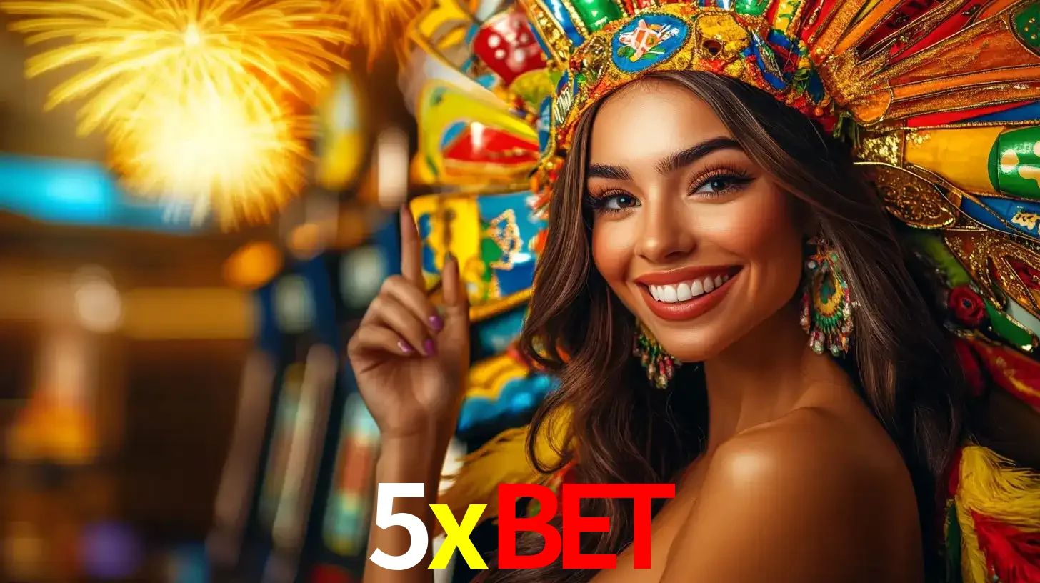 Mulher sorridente com um cocar de carnaval vibrante e colorido, celebrando uma grande vitória nos jogos do cassino 5xbet com fogos de artifício ao fundo.