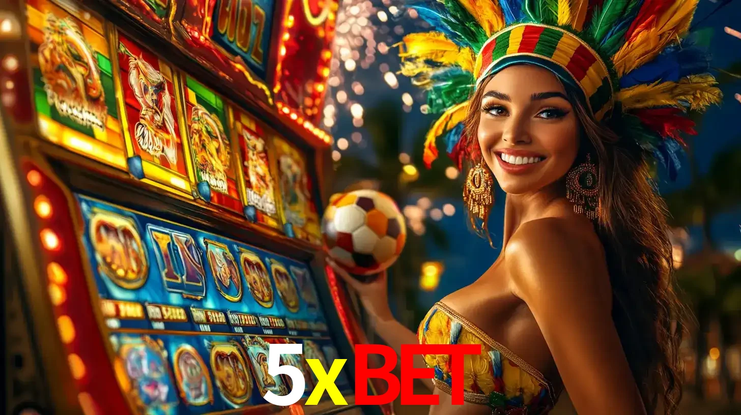 Mulher com um cocar de carnaval ao lado de uma máquina de caça-níqueis enquanto segura uma bola de futebol, mostrando a união da diversão de cassino e esportes no 5xbet.