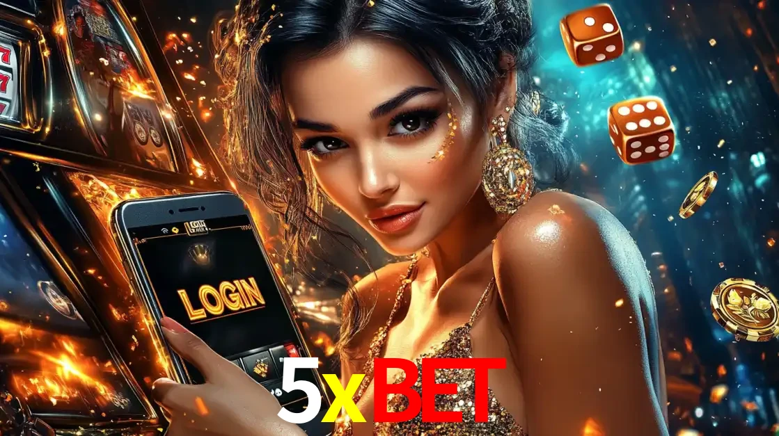Mulher glamourosa segurando um celular com a tela de login do cassino 5xbet, rodeada por dados e moedas douradas, pronta para começar a diversão.