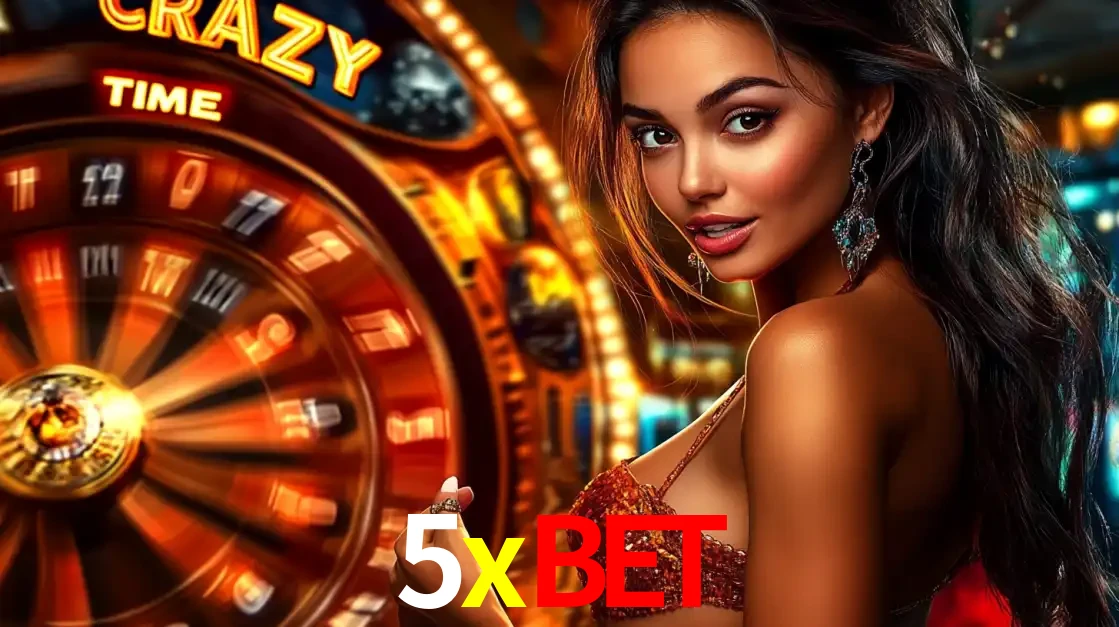 Mulher ao lado da roda de prêmios do jogo de cassino ao vivo Crazy Time, um dos shows de jogos mais emocionantes oferecidos pela plataforma de apostas 5xbet.