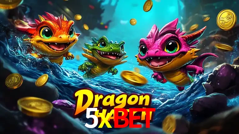 Arte promocional do jogo Dragon Hatch com três adoráveis dragões bebês nadando entre moedas de ouro, um dos slots mais divertidos para jogar no cassino 5xbet.
