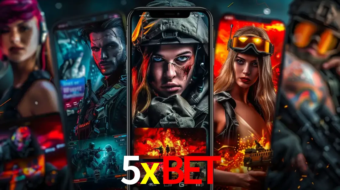 Montagem de telas de celular mostrando diversos personagens, masculinos e femininos, de um jogo de tiro, ilustrando a diversidade de equipes de e-sports para apostar no 5xbet.