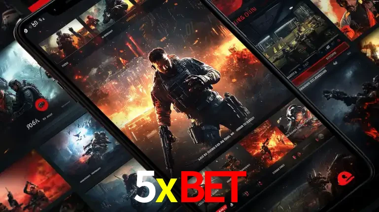 Tela de um celular exibindo uma galeria de jogos de tiro com temática militar, mostrando a variedade de e-sports disponíveis para apostas na plataforma de entretenimento 5xbet.