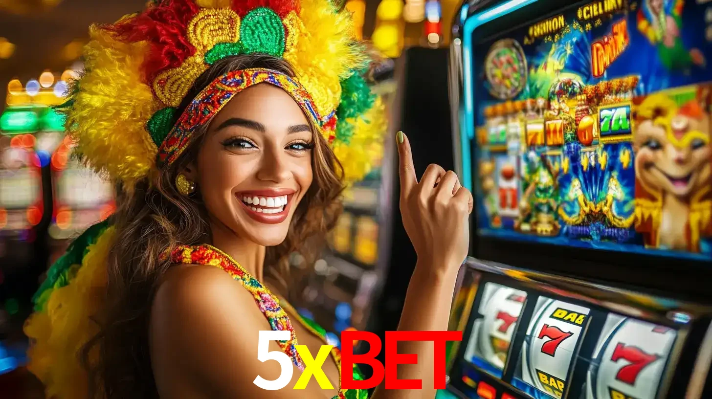 Mulher animada com um cocar de carnaval apontando para uma máquina de caça-níqueis, mostrando a emoção de ganhar um grande prêmio nos jogos do 5xbet.