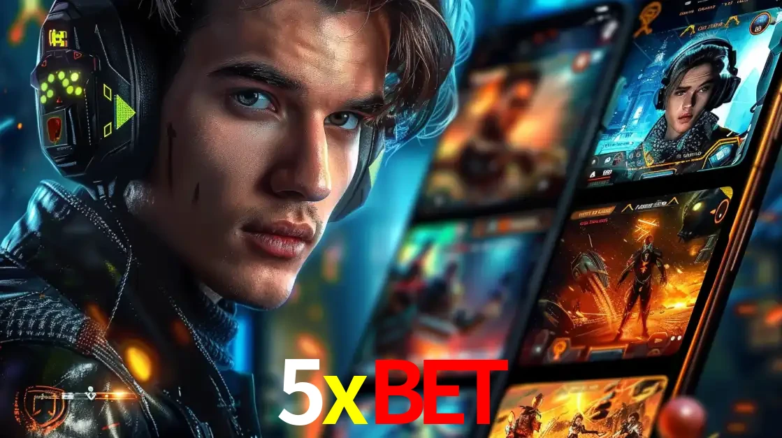 Jovem jogador com fones de ouvido olhando para a câmera, com um aplicativo de jogos e e-sports para celular ao fundo, pronto para a competição e apostas no 5xbet.