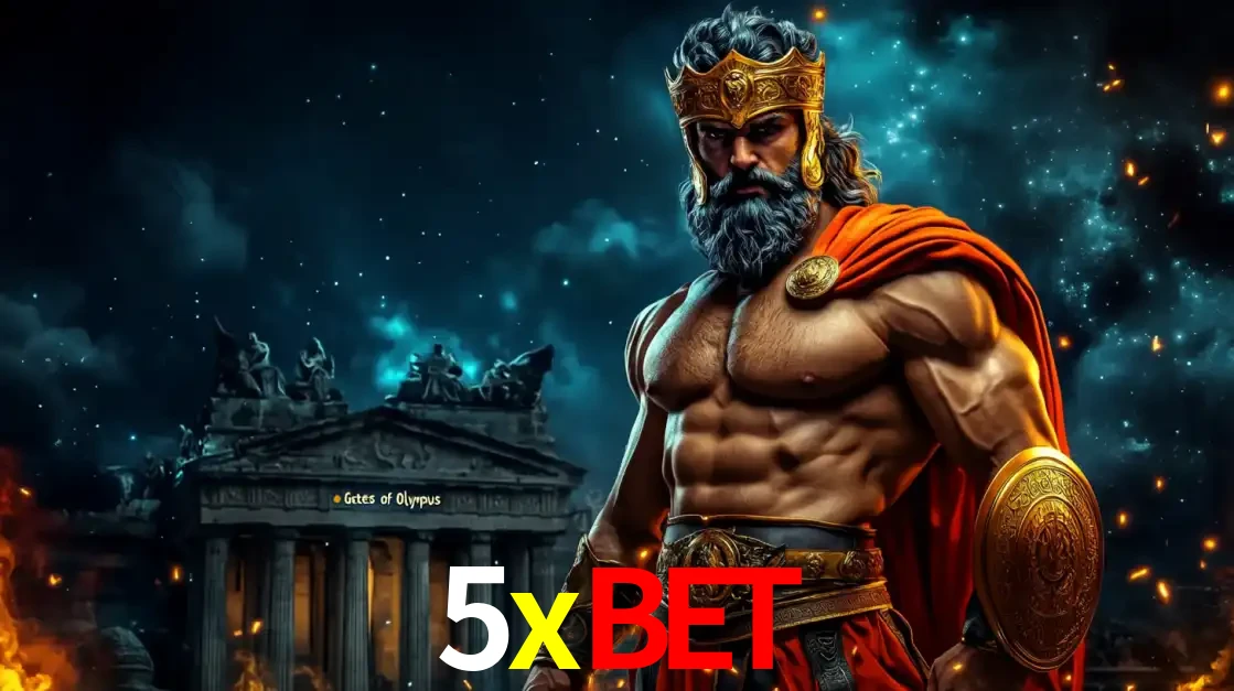 O poderoso Zeus do jogo de slot Gates of Olympus em frente ao seu templo, pronto para lançar multiplicadores divinos e prêmios épicos no cassino online 5xbet.