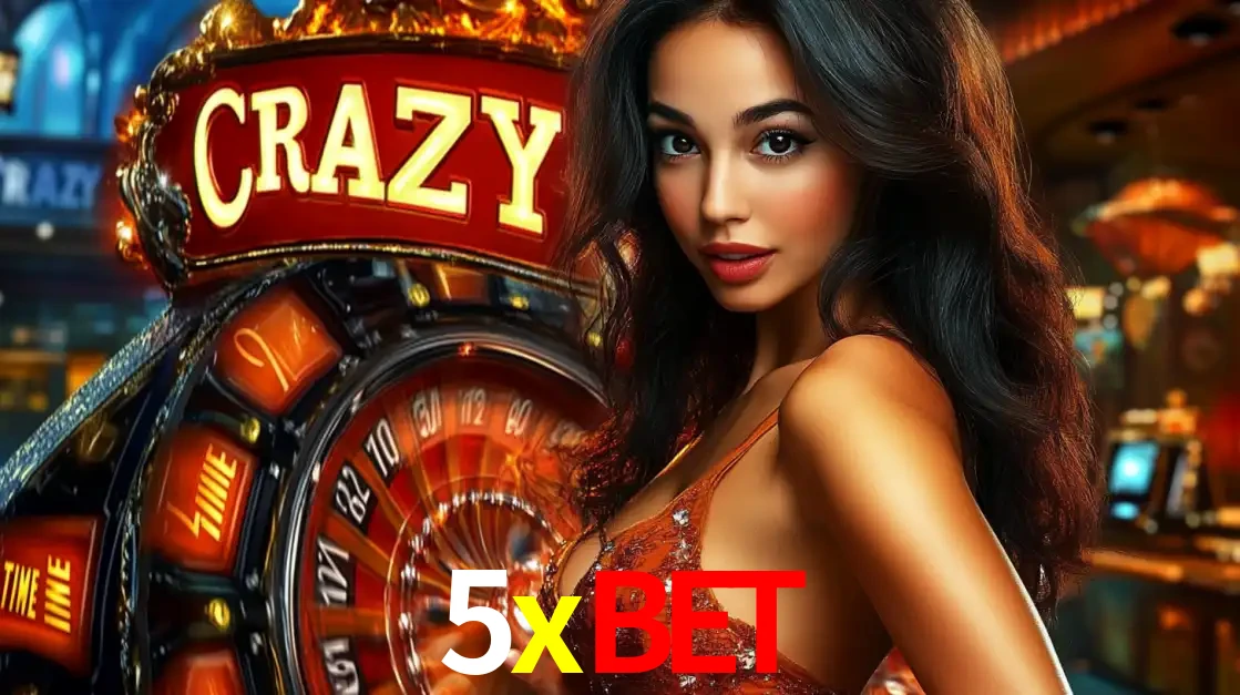 Mulher glamourosa olhando para a câmera com a roda vermelha do Crazy Time ao fundo em um ambiente de cassino, destacando a emoção dos jogos ao vivo no 5xbet.