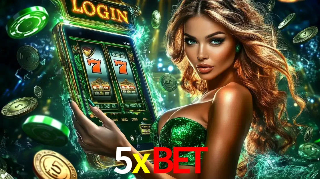 Mulher com tema verde apresentando o aplicativo do cassino 5xbet com um jogo de slot de 777, cercada por fichas de cassino e uma aura de sorte.