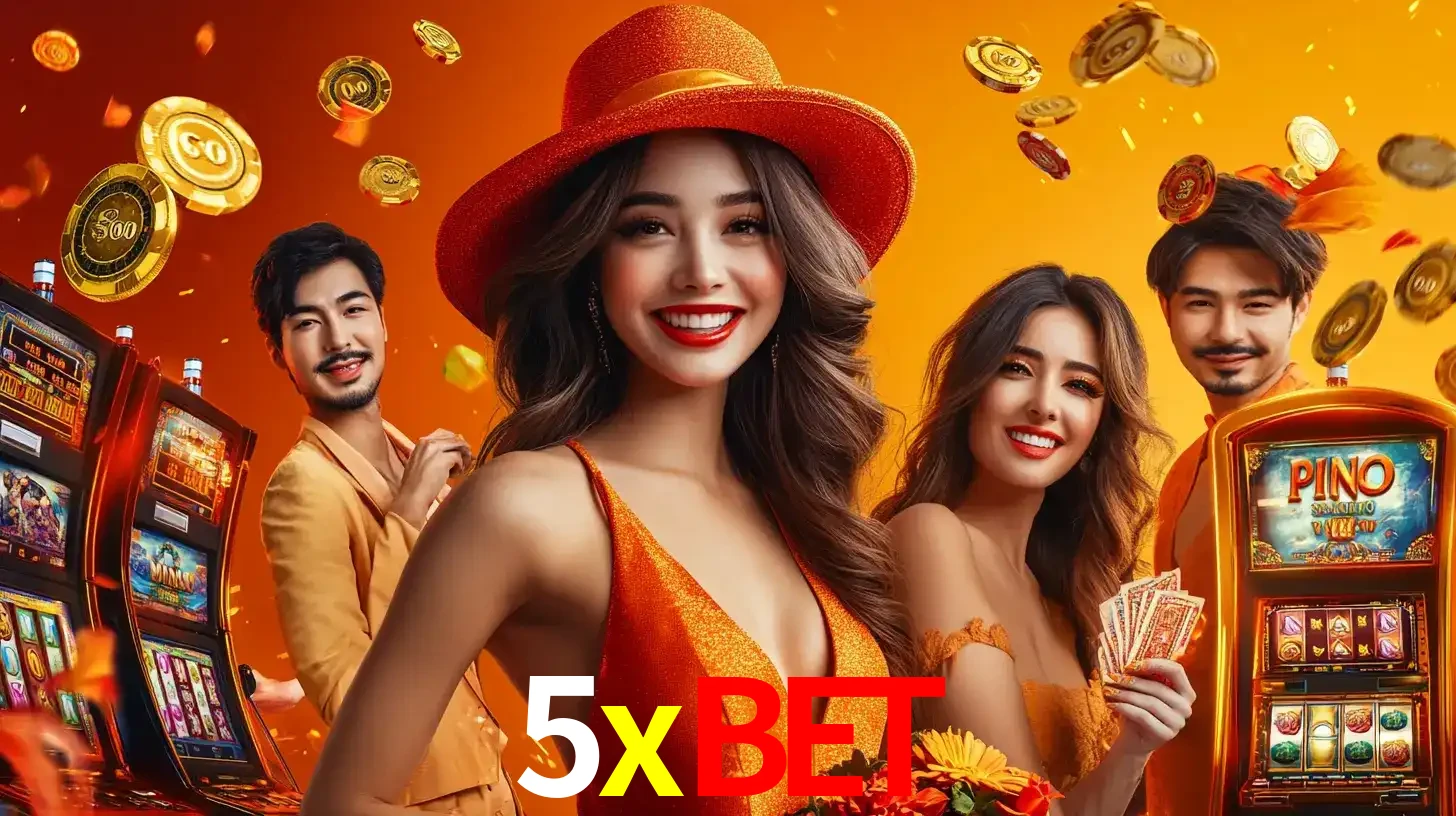 Grupo de amigos asiáticos sorrindo e se divertindo com máquinas de caça-níqueis em um ambiente festivo, celebrando suas vitórias nos jogos de cassino do 5xbet.