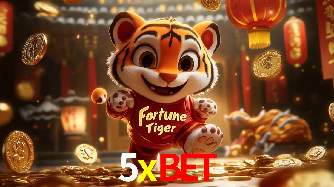 O alegre personagem do Fortune Tiger correndo sobre um caminho de moedas de ouro, simbolizando os grandes prêmios e a diversão do popular jogo de slot do 5xbet.