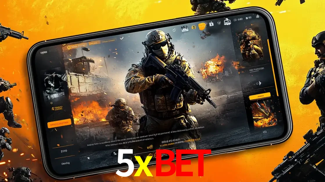 Um smartphone exibindo a interface de um jogo de tiro em primeira pessoa, com um soldado em um cenário de batalha, representando a ação dos e-sports para apostar no 5xbet.