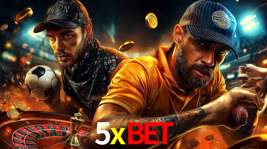 Montagem de apostas esportivas e cassino no 5xbet, com um homem segurando uma bola de futebol e outro uma de beisebol sobre uma roleta e moedas voadoras.