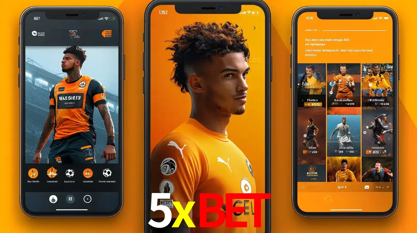 Interface do aplicativo de apostas esportivas 5xbet em três telas de celular, mostrando o perfil de um jogador de futebol e a lista de jogos disponíveis para apostar.