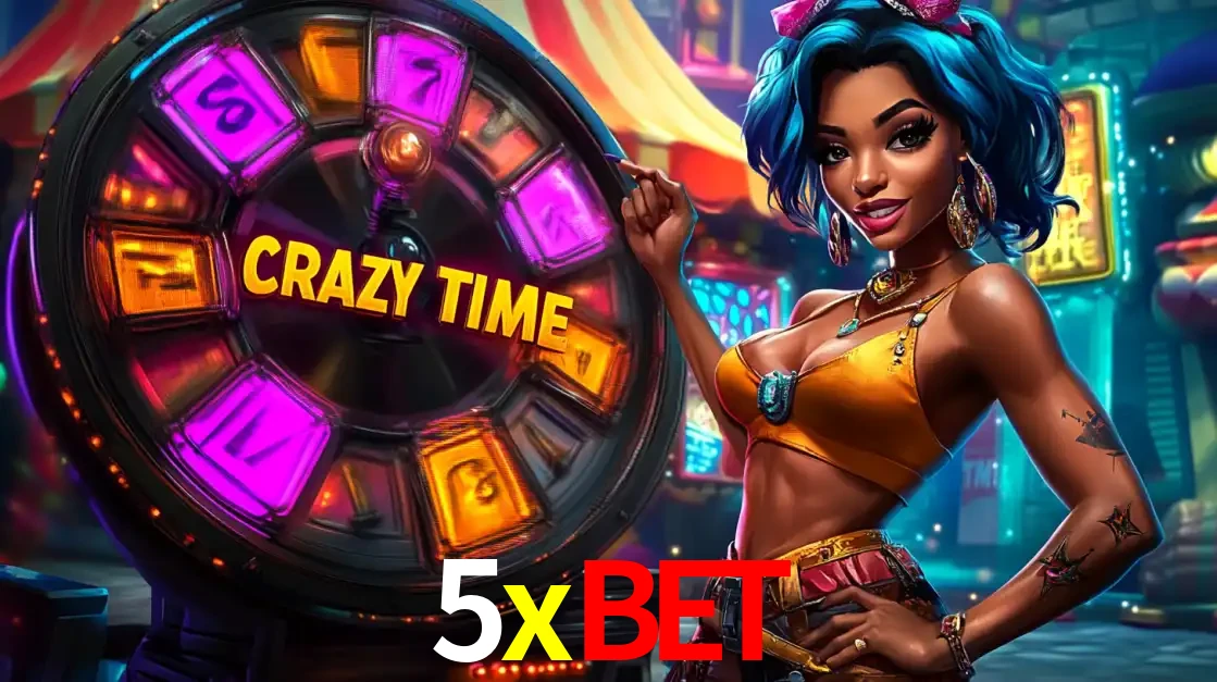 Mulher estilizada com cabelo azul e visual vibrante posando ao lado da roda de prêmios do game show Crazy Time, convidando para a diversão e os bônus do cassino 5xbet.