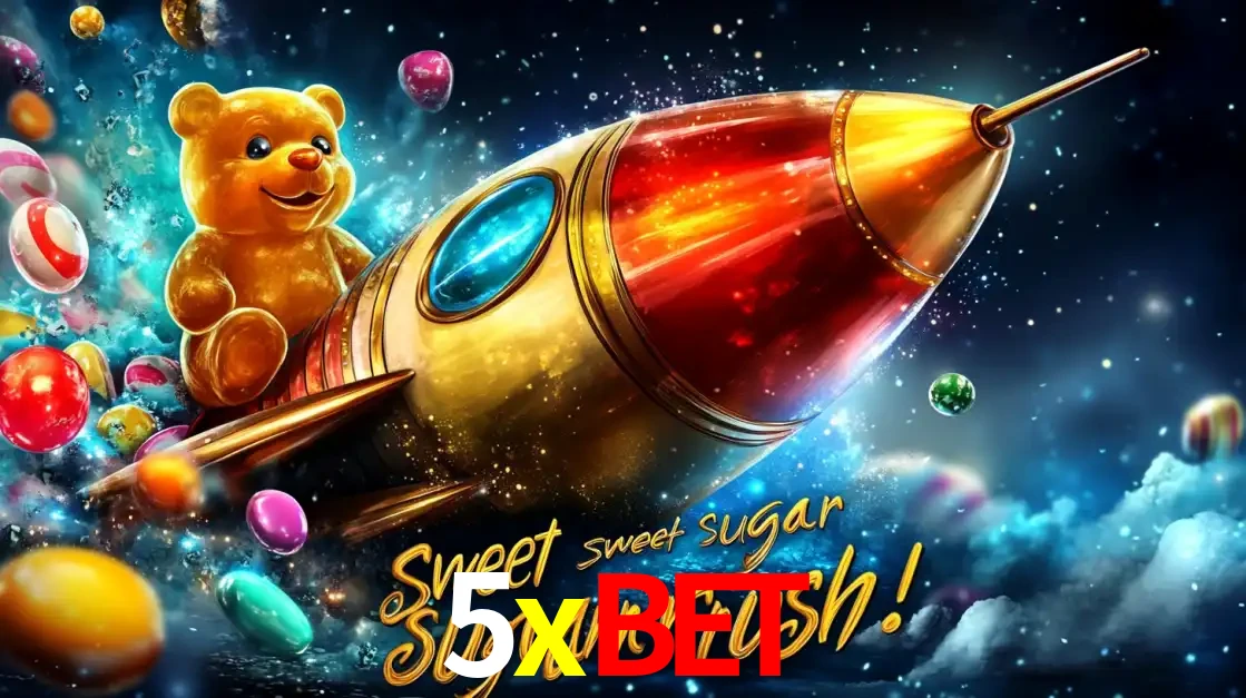 Arte promocional do jogo de slot Sugar Rush, com um urso de pelúcia em um foguete viajando pelo espaço de doces, um dos jogos divertidos disponíveis no cassino 5xbet.