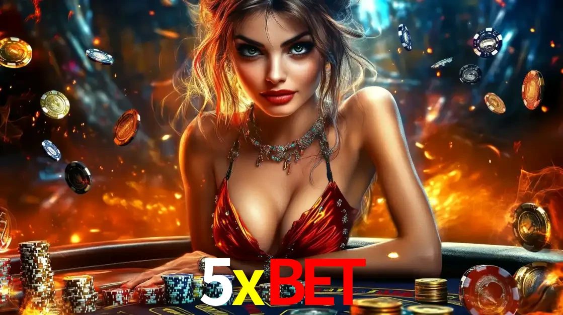 Mulher em uma mesa de cassino com pilhas de fichas e um fundo de fogo, pronta para uma rodada de altas apostas nos jogos de mesa emocionantes do cassino 5xbet.