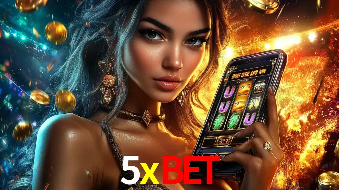Mulher elegante mostrando um jogo de caça-níqueis em seu smartphone, destacando a experiência de cassino móvel oferecida pelo aplicativo 5xbet.