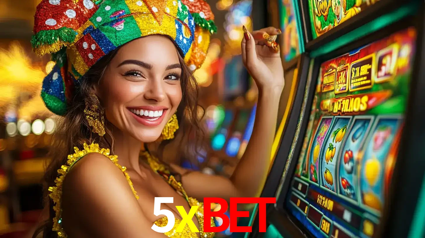 Mulher feliz com traje de carnaval amarelo e colorido ao lado de uma máquina de caça-níqueis, aproveitando a diversão e os jogos temáticos do cassino 5xbet.