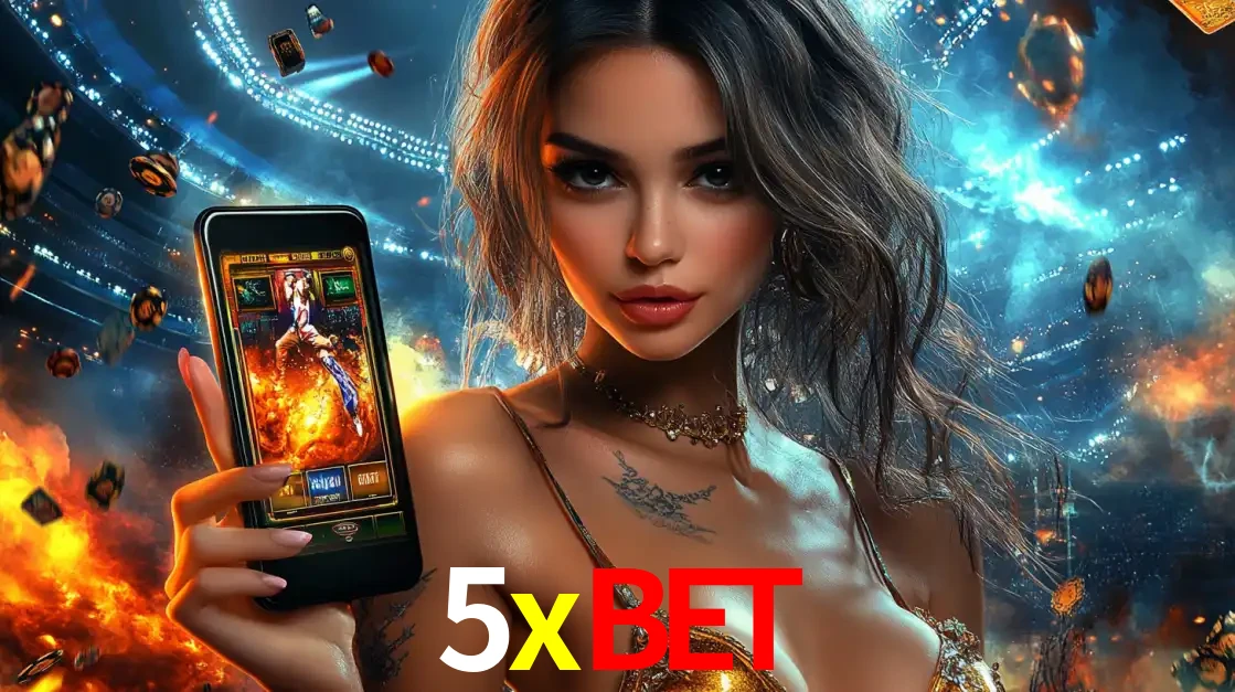 Mulher segurando um celular com um jogo de slot em destaque, tendo como fundo um estádio vibrante, simbolizando a emoção de jogar no cassino móvel 5xbet.