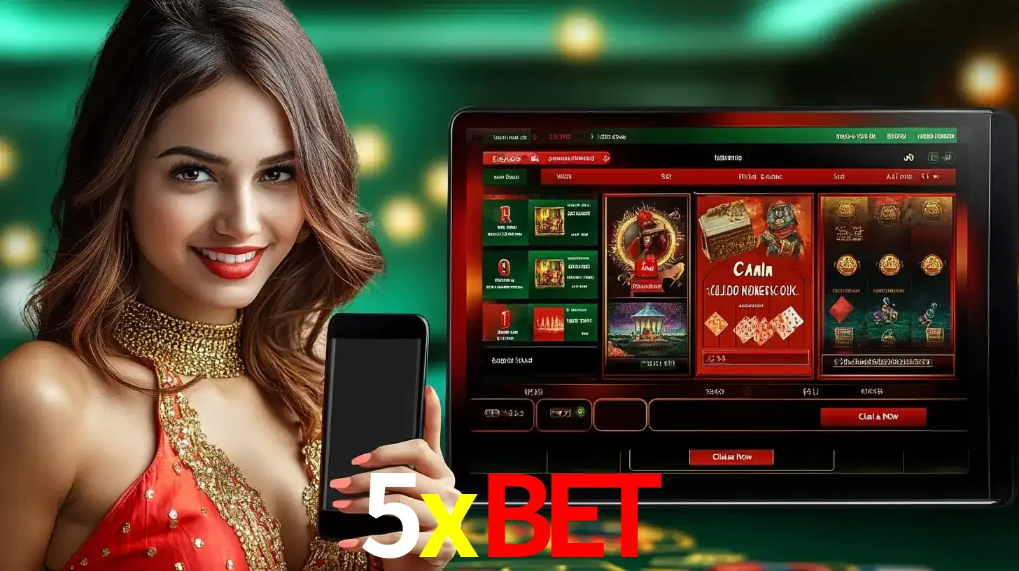 Mulher sorridente segurando um smartphone, ao lado de uma tela exibindo o lobby de jogos do cassino online 5xbet, com várias opções de jogos de cartas e slots.